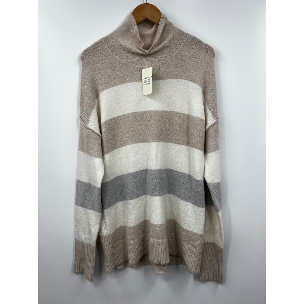 Per Se Sweater Womens Turtleneck Stripe Pullover‎ Tuape White Size XL